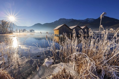 Boat huts, icy shore, lake, morning light, fog, snow, winter, mountains, sunbeams, backlight, Lake