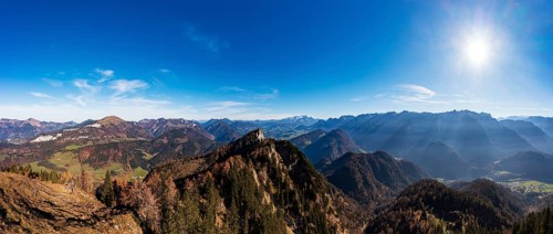 Drone shot, view from Schwarzer Berg into Lammertal with Dachstein massif and Tennengebirge,