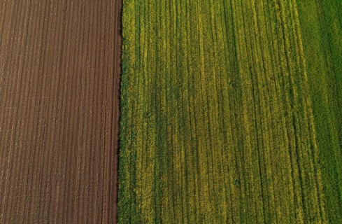 Drone view, green and ploughed fields, agricultural landscape, Innviertel, Upper Austria, Austria,