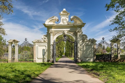 The neo-baroque Eagle Gate on the north side of Keesschen Park in Markkleeberg, Saxony, Germany,