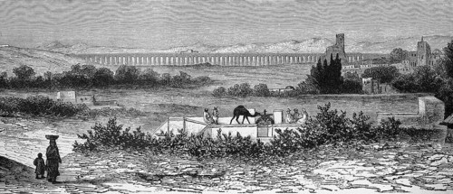 Hilly landscape with aqueduct in ancient Carthage on the Mediterranean, archaeological site, UNESCO