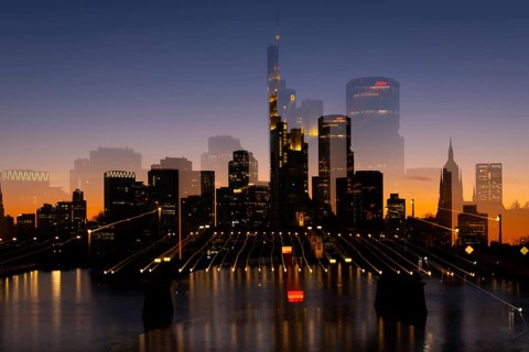 The silhouette of Frankfurt's banking skyline stands out in the evening against the residual light
