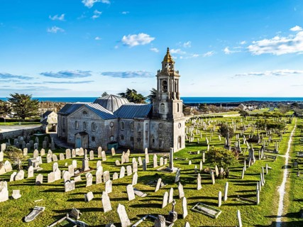 St George's Church and Cemetery froim a drone, Reforne, Portland, Dorset, England, United Kingdom,