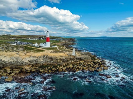 Portland Bill Lighthouse from a drone, Portland Bill, Isle of Portland, Dorset, England, United