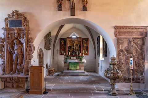 Interior of the fortified church of St George in Kraftshof, Nuremberg, Bavaria, Germany, Europe