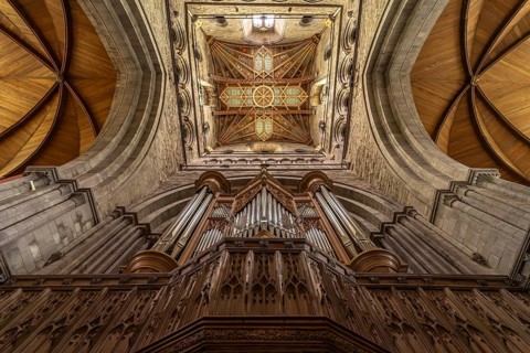 Organ and church ceiling of St Davids Cathedral, Wales, Great Britain