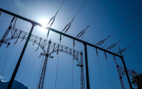 Power line at a small power station, Bad Tölz, Bavaria, Germany, Europe