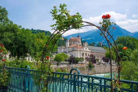 Merano, South Tyrol, Italy, spa hotel on the river Passer, on the Passer promenade in the old town