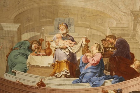 Ceiling fresco by Januarius Zick 1783 depicting the infant Jesus in the temple, offering, rococo,
