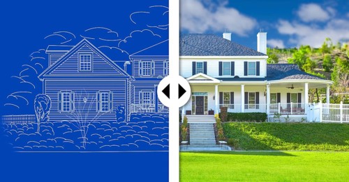 Before and after slider comparing blueprint sketch drawing plans and completed custom house