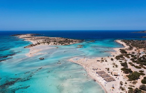 Drone shot, Elafonissi beach, south-west Crete, Crete, Greece, Europe