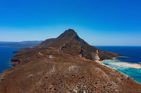 Drone shot, Gramvousa peninsula with view to the beach and bay of Balos, Kolimbari, West Crete,