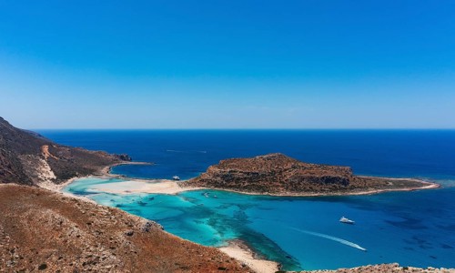 Drone shot, Gramvousa peninsula with view to the beach and bay of Balos, Kolimbari, West Crete,