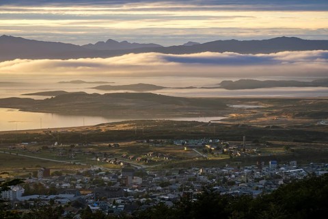 Ushuaia, Tierra del Fuego, Argentina, sunrise over the Beagle Channel, the Beagle Channel is a
