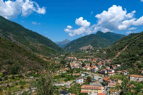Picturesque view of the Ligurian Alps and Badalucco in Valle Argentina, province of Imperia,