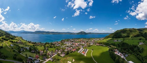 Drone image, Weyregg am Attersee with Attersee Golfclub Weyregg, Salzkammergut, Upper Austria,