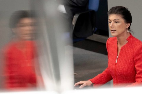 Berlin, Germany - 18 March 2025: Sahra Wagenknecht (BSW) speaks in the Bundestag in front of the