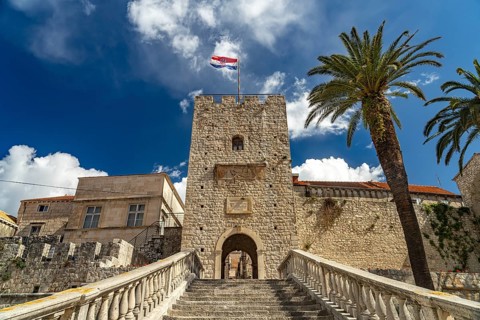 Land Gate Revelin Tower, city gate in Korcula, Croatia, Europe