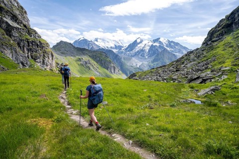 Hikers on a hiking trail, behind the summit of the Grand Combin, Val de Bagnes, Valais,