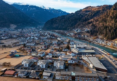 Drone shot, view of village with parish church, Prutz, Kaunertal, Inntal, Inn, Tyrol, Austria,