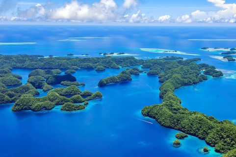 Aerial view of 70 Rock Islands green islands in island paradise island state Palau in the Pacific
