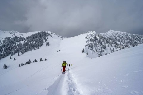 Ski tourers on the ascent to Raukopf, mountain landscape in the snow, mountain peaks Tanzeck and