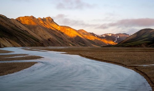 Rhyolite mountains and river Jökulgilskvísl, Landscape at Landmannalaugar, Dramatic volcanic