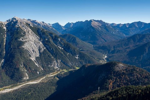 Mountain landscape in autumn, view of the Upper Isar Valley with Pleisenspitze in the Karwendel,