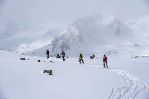 Ski tourers, snow-covered mountain landscape, Ortler Alps, Vinschgau Valley, Italy, Europe