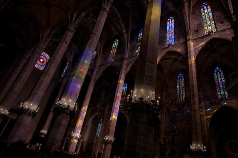 Play of colours, play of light, colourful church windows, interior view, La Seu, Basilica de Santa