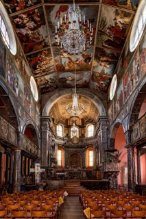 Union Church, interior with choir, pulpit, painting on canvas, riding choir, historic old town,