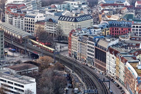 View from Hotel Park Inn towards Hackischer Markt with S-Bahn station, Berlin, Germany < english>