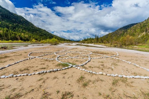 Isar valley nature conservancy area. The wild Isar river flows through its gravel bed past