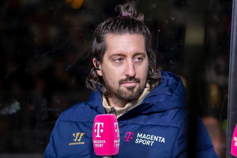 Ice hockey presenter Patrick Ehelechner at the Adler Mannheim v Nuremberg Ice Tigers match