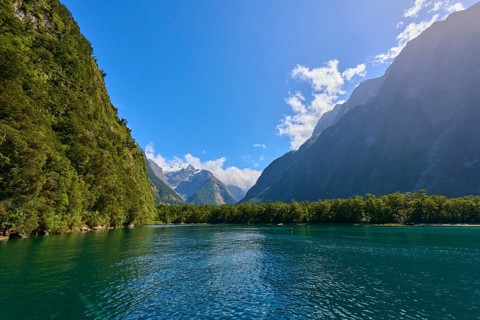 Calm waters between forested slopes and towering mountains under a clear sky, fjord landscape,