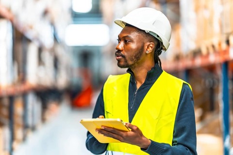 An african male warehouse supervisor uses a tablet computer working in a logistics warehouse