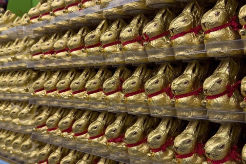Display on retail shelf wholesale of large quantity of chocolate Easter bunnies chocolate Easter