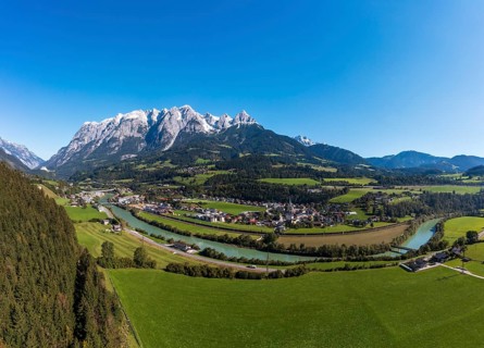 Drone shot, view of village with church, Pfarrwerfen, Tennengebirge, Salzachtal, Pongau, Salzburg