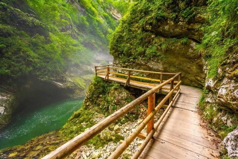 Breathtaking view of wooden walkway over stunning emerald river flowing through vintgar gorge near