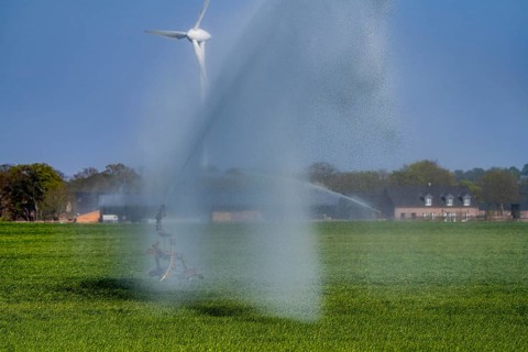Artificial irrigation of a cereal field in April, with a sprinkler system, long dry spell in spring