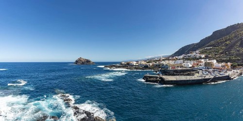 Atlantic coast with Roque de Garachico island off the town of Garachico, Tenerife, Canary Islands,