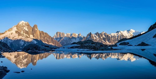 Mountain landscape in the evening light, water reflection in Lac Blanc, mountain peak, Aiguille