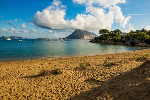 Picturesque beach and island, sunrise, Cala Girgolu, Isola di Tavolara, Porto San Paolo, Sardinia,