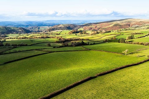Farms over Black Mountain from a drone, Brecon Beacons National Park, Carmarthenshire, Wales,