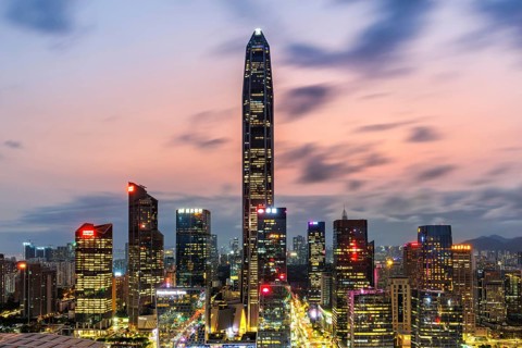 Skyline with skyscrapers city centre Futian district at night in Shenzhen, China, Asia