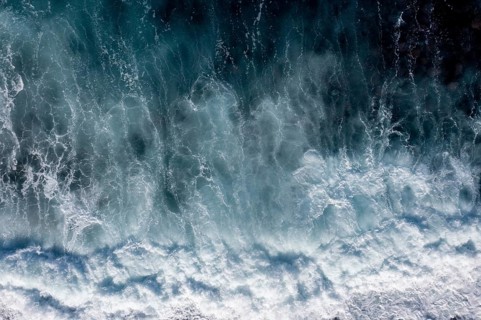 Waves on the beach, turquoise sea and black pebble beach, aerial view, La Gomera, Canary Islands,