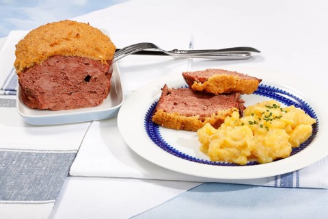 Swabian cuisine, Stuttgarter Leberkäs in a horseradish-mustard coating, Swabian potato salad,