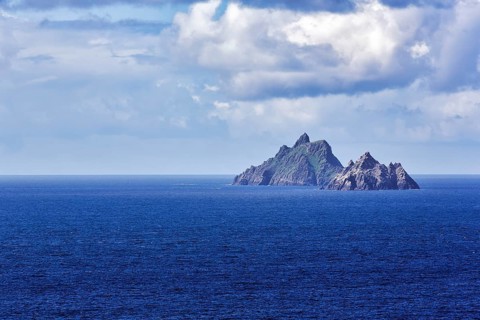 Two rocky islands in the sea, Skellig Michael and Little Skellig, panoramic road Skellig Ring,