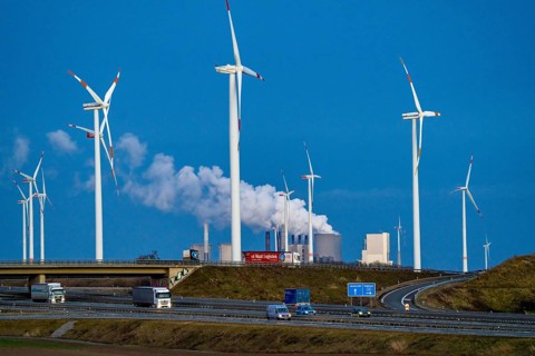 RWE Power Neurath lignite-fired power plant, RWE wind farm, Jackerath motorway junction, A44 and