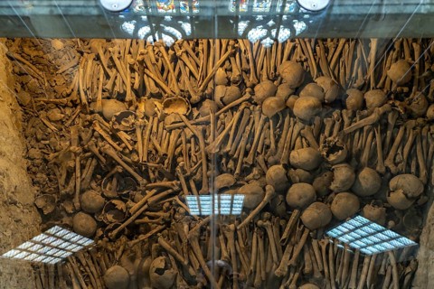 Ossuary with human bones from the Protestant parish church of St Michael, Schwäbisch Hall,